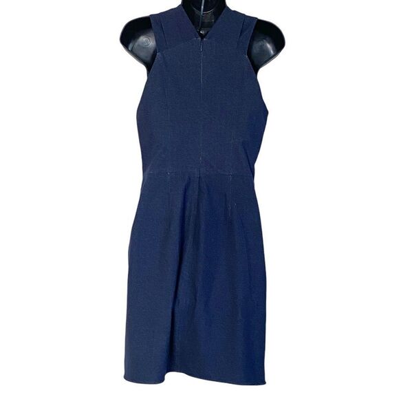 Halston Heritage Stretch Dark Denim Faux Wrap Sleeveless Bodycon Mini Dress Sz 4 - Picture 7 of 16